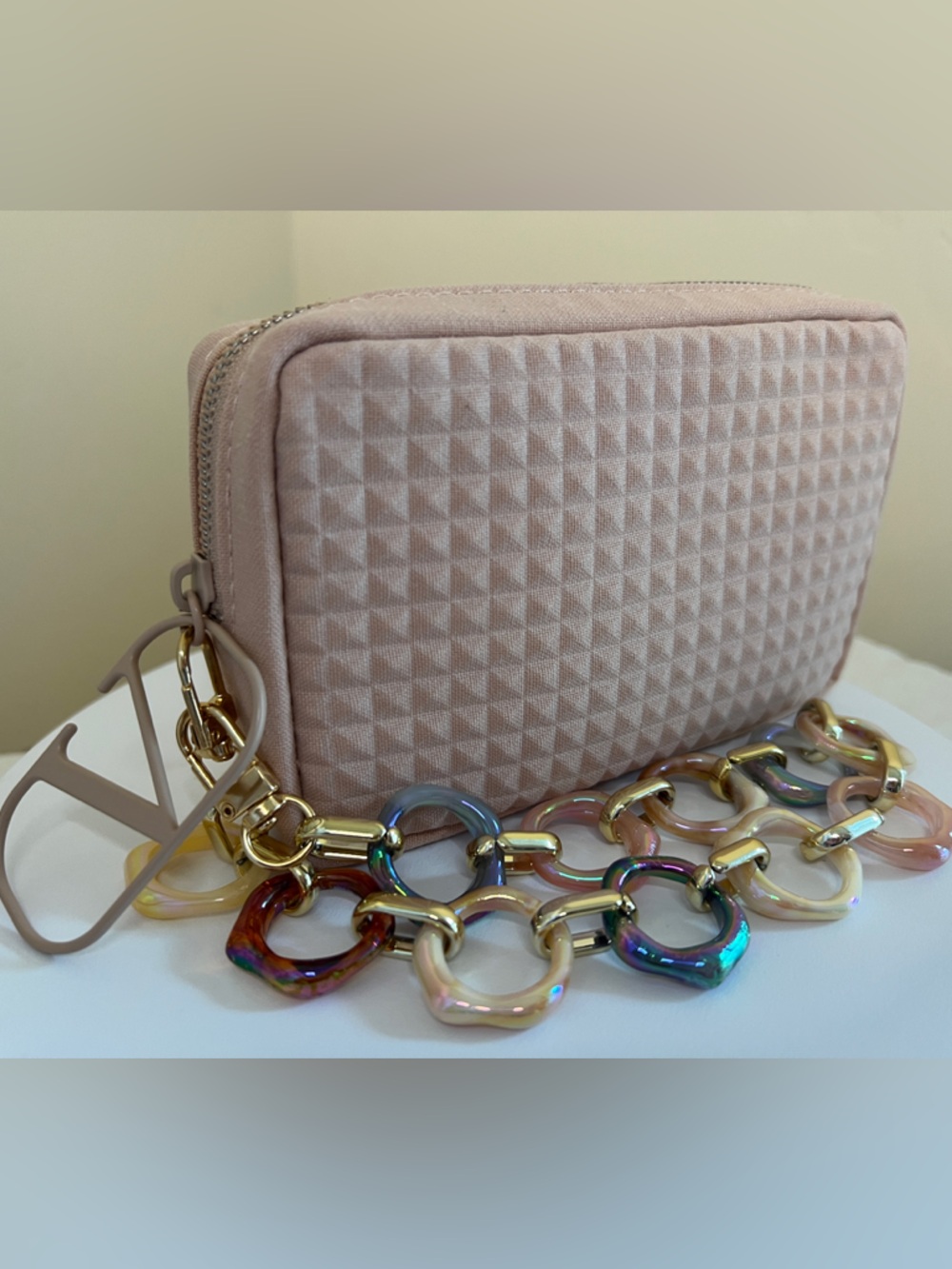 Valentino Quilted Light Pink Clutch with Iridescent Chain